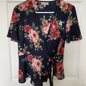 Monteau Navy Floral Wrap Blouse Size Large